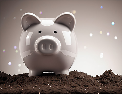 simple piggy bank standing atop a pile of dirt with a blank background. There is a hint of glinting diamonds showing through the dirt.>